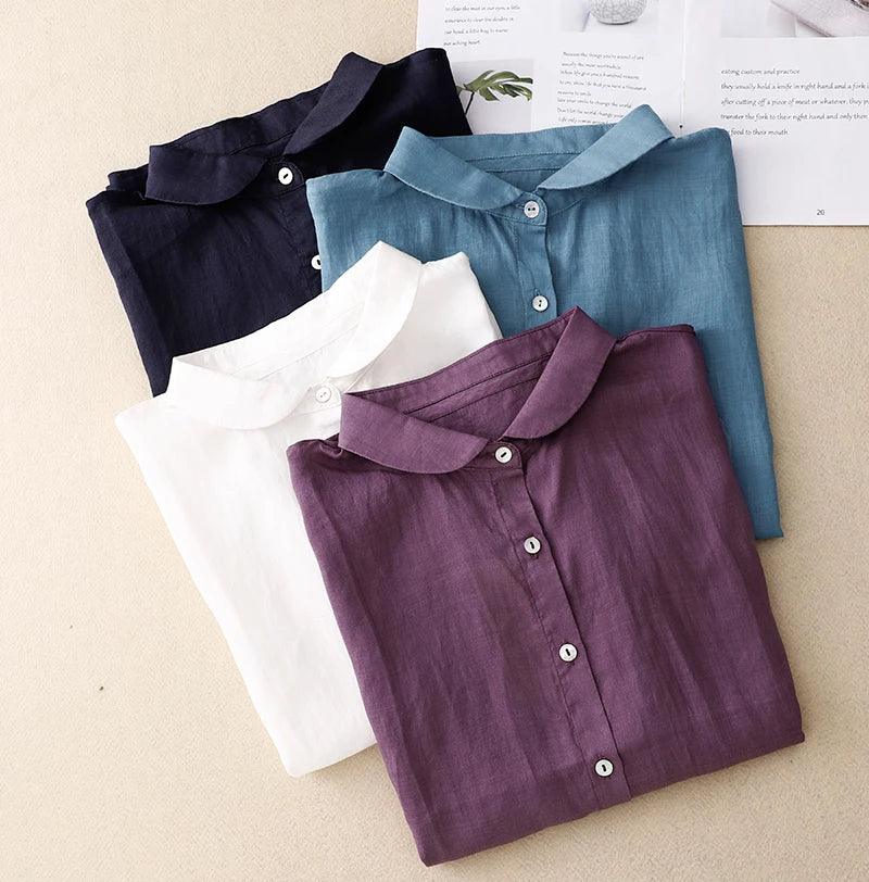 Shoulder Sleeve Cotton Linen Cardigan Top Women's Summer New Korean Fashion Artistic Elegant Sweet Casual Doll Collar Shirt