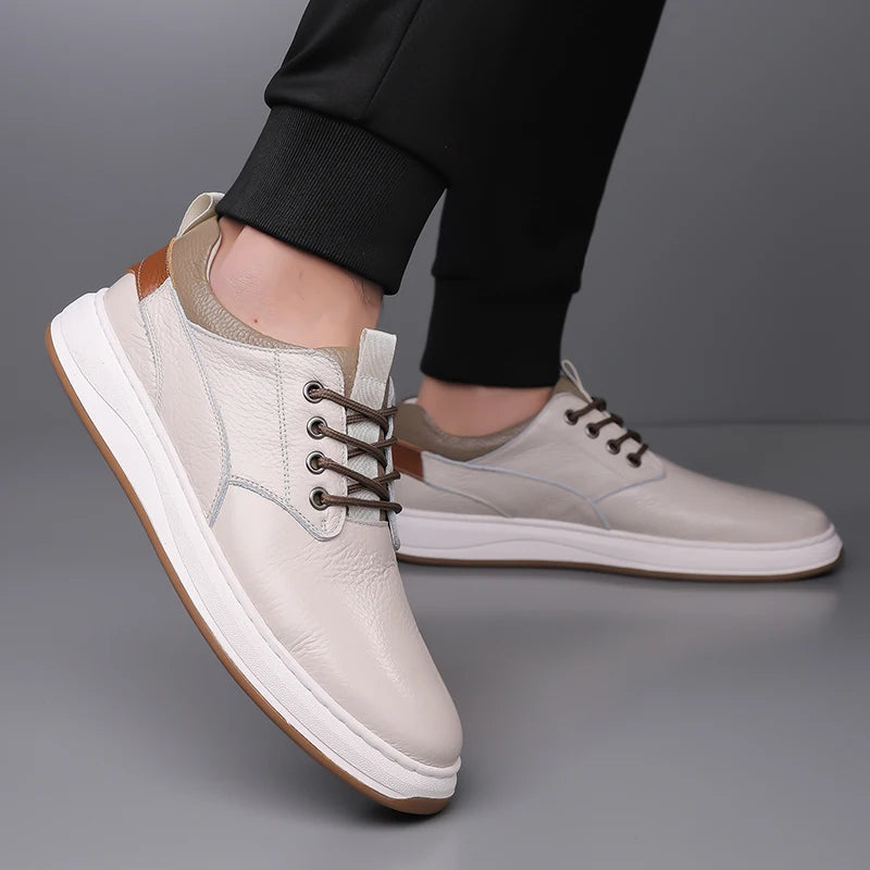 Grey Lace Up Splicing Four Season Sports Shoe Niche Design Special Promotion Men's Toe Layer Cowhide Skateboard Solid Color Shoe