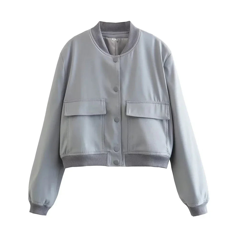 TRZA Women Fashion With Pockets Bomber Jacket Coats Vintage Long Sleeve Front Button Casual Female Outerwear Chic Tops