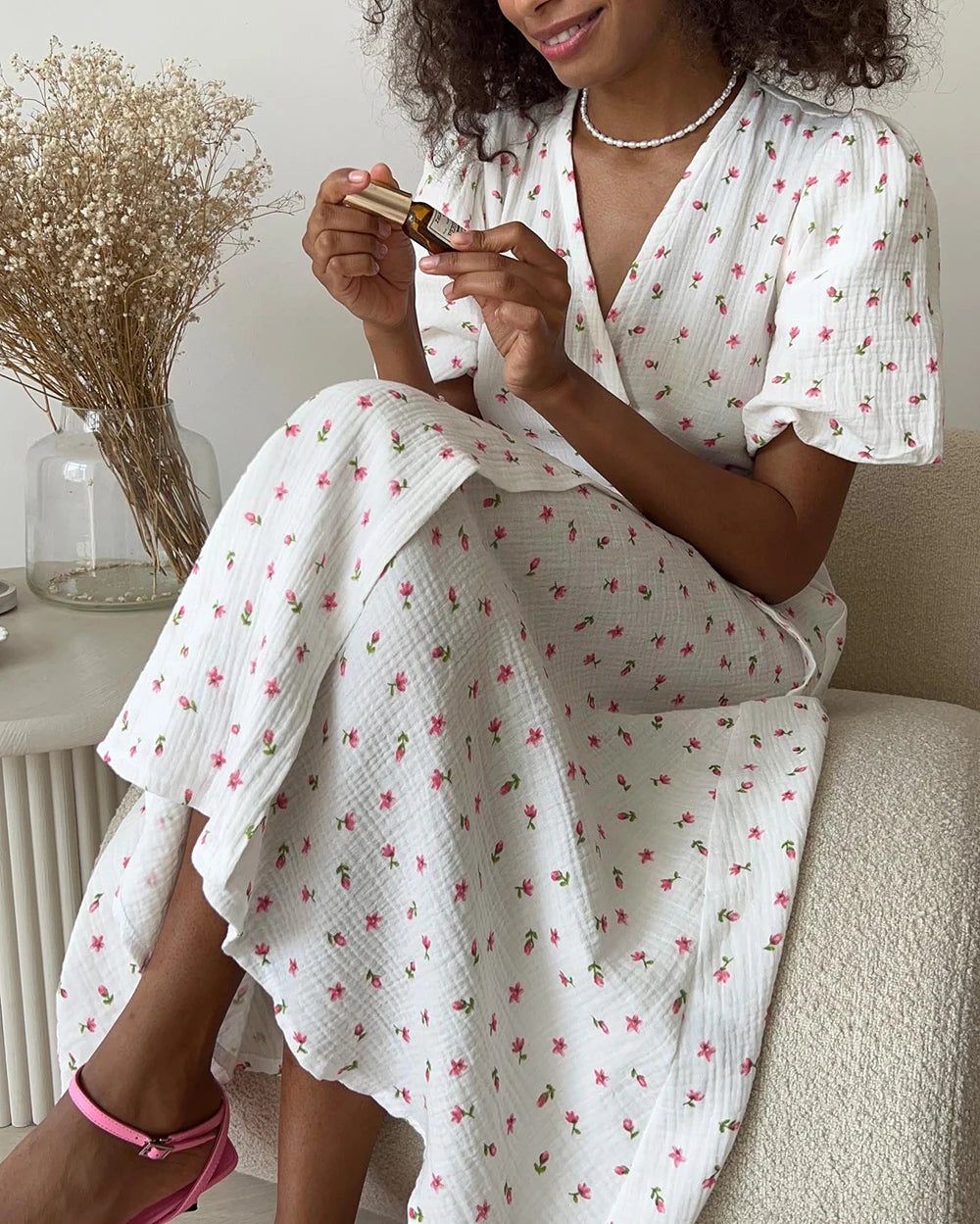 Casual Women's Summer Dresses 100% Cotton Floral Print A-line Midi Dress with Side Slits Long Elegant White Dress for Women 2025