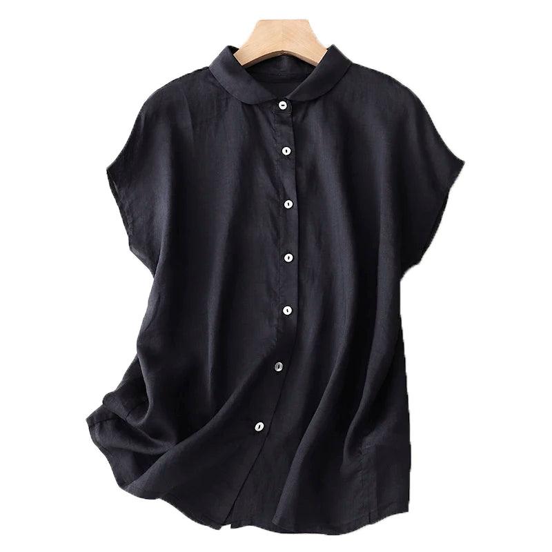 Shoulder Sleeve Cotton Linen Cardigan Top Women's Summer New Korean Fashion Artistic Elegant Sweet Casual Doll Collar Shirt