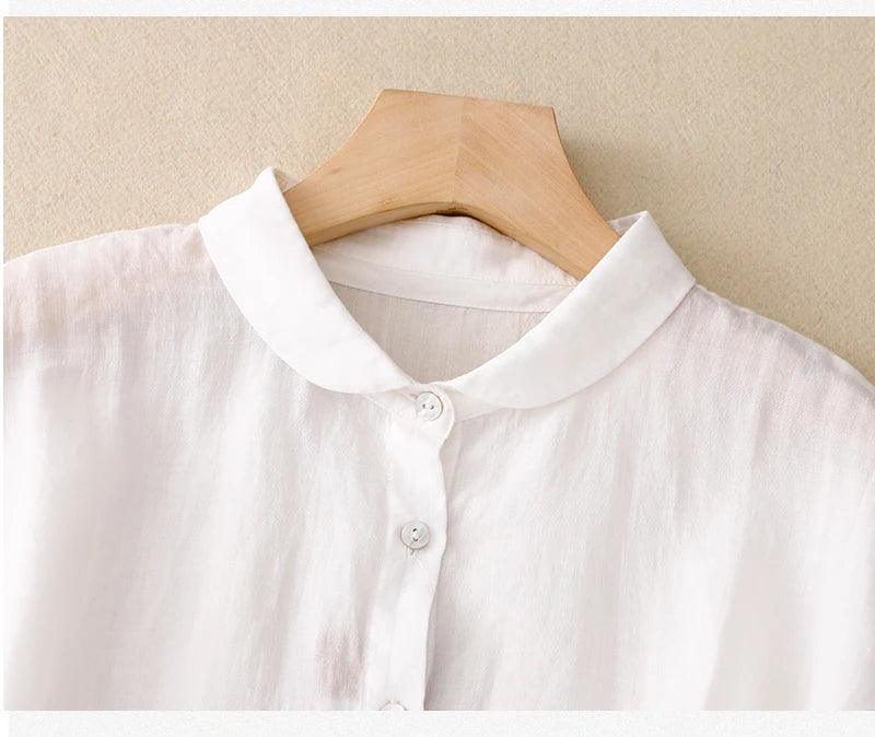 Shoulder Sleeve Cotton Linen Cardigan Top Women's Summer New Korean Fashion Artistic Elegant Sweet Casual Doll Collar Shirt
