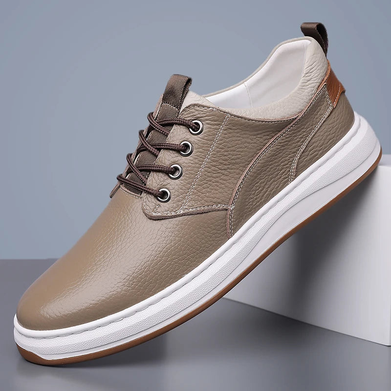 Grey Lace Up Splicing Four Season Sports Shoe Niche Design Special Promotion Men's Toe Layer Cowhide Skateboard Solid Color Shoe