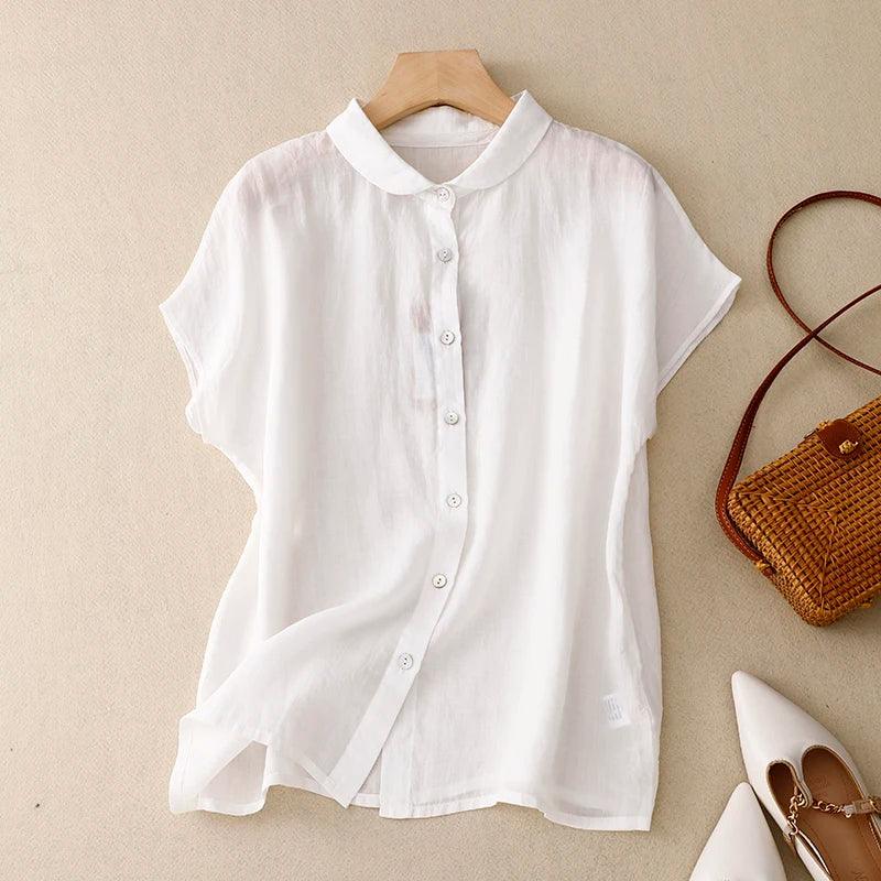 Shoulder Sleeve Cotton Linen Cardigan Top Women's Summer New Korean Fashion Artistic Elegant Sweet Casual Doll Collar Shirt