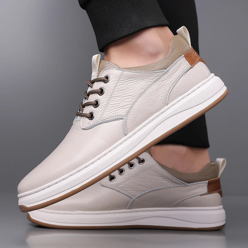 Grey Lace Up Splicing Four Season Sports Shoe Niche Design Special Promotion Men's Toe Layer Cowhide Skateboard Solid Color Shoe