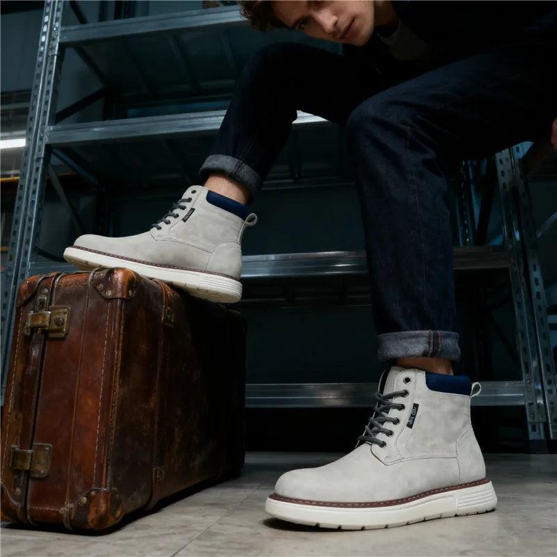 2025 Autumn Casual lace-up outdoor solid-color round-toe thick-soled men's high-top shoes