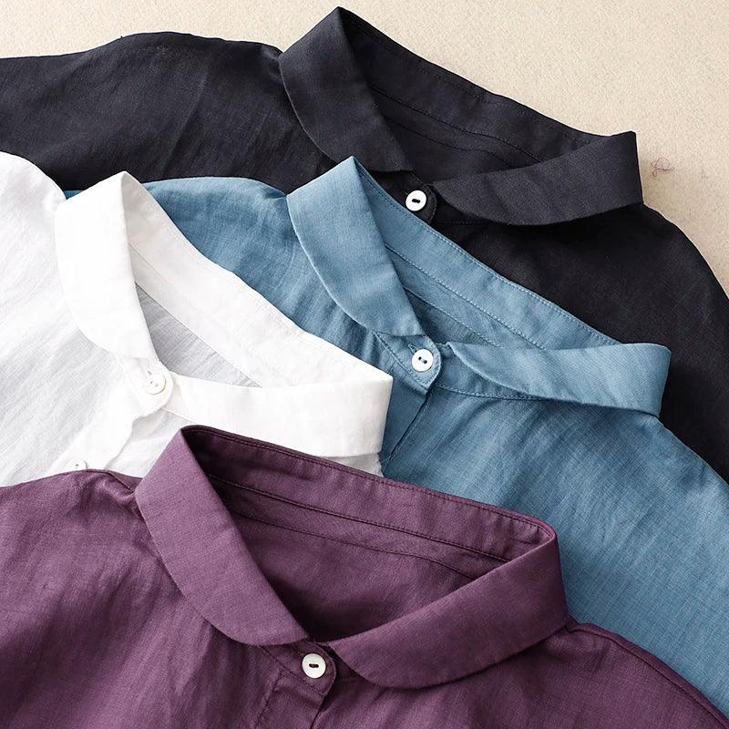 Shoulder Sleeve Cotton Linen Cardigan Top Women's Summer New Korean Fashion Artistic Elegant Sweet Casual Doll Collar Shirt