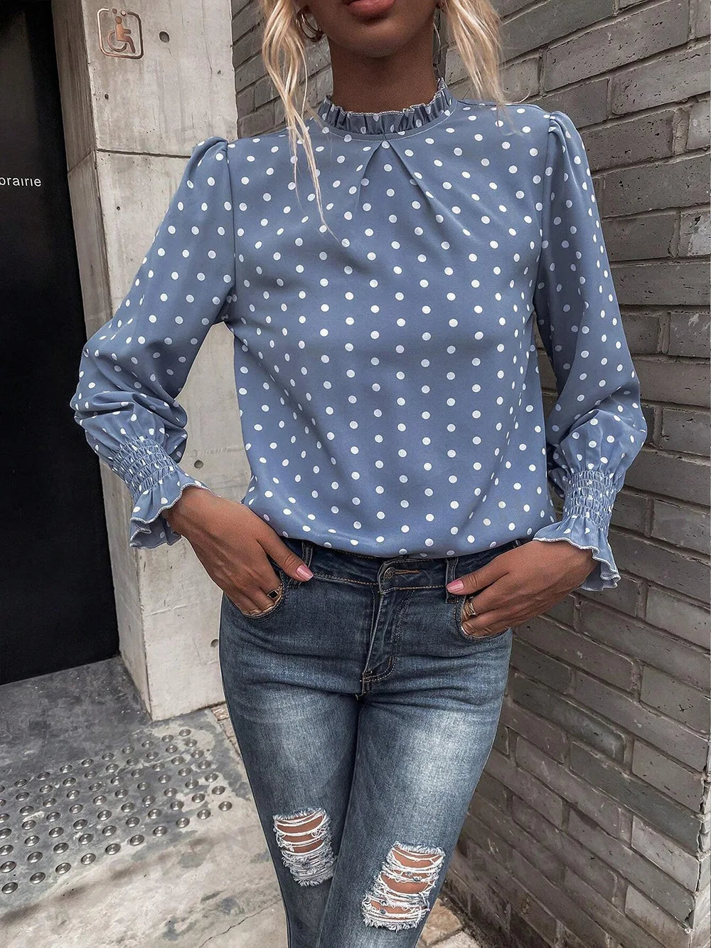 Spot Women's Clothing New Style Ruffled Polka Dot Printed Bubble Sleeves Temperament Women's Shirt