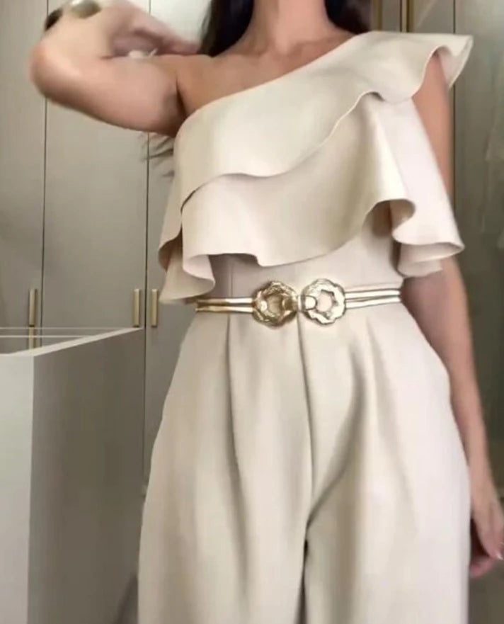 Jumpsuit Women 2024 Summer Fashion Ruffle Hem One Shoulder Casual Plain Sleeveless Daily Long Wide-Leg Jumpsuit Without Belt