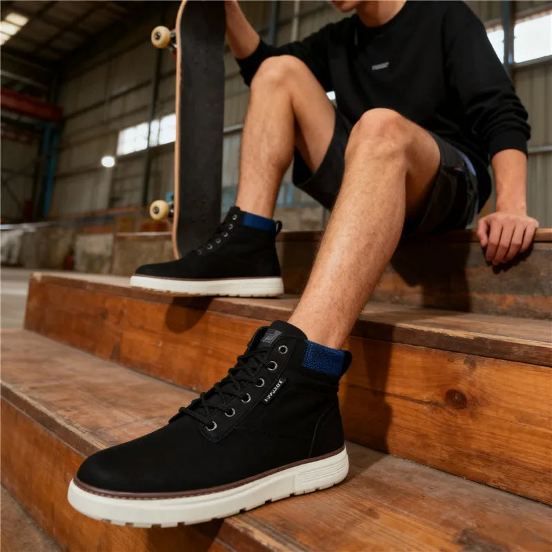 2025 Autumn Casual lace-up outdoor solid-color round-toe thick-soled men's high-top shoes
