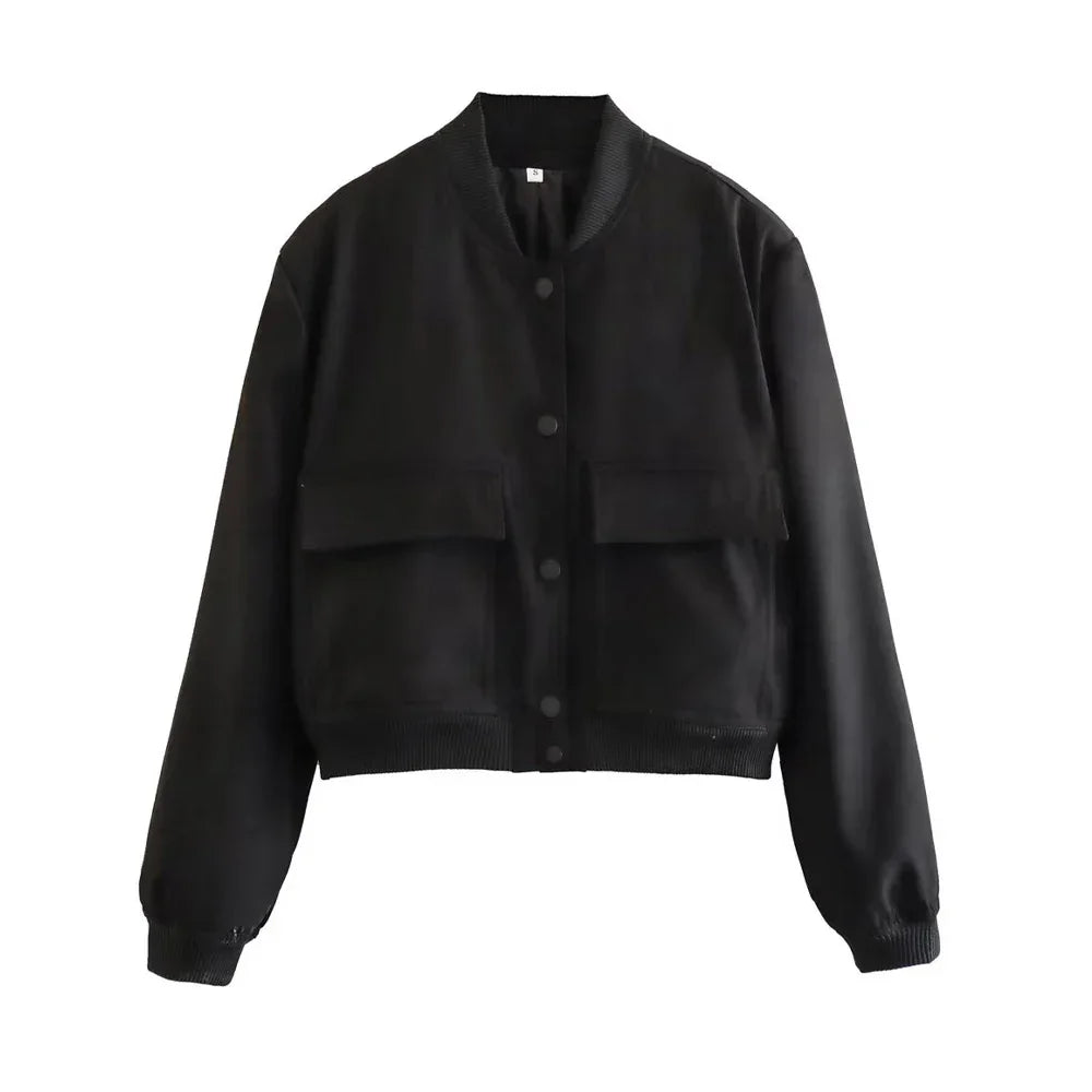 TRZA Women Fashion With Pockets Bomber Jacket Coats Vintage Long Sleeve Front Button Casual Female Outerwear Chic Tops