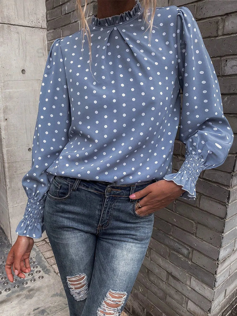 Spot Women's Clothing New Style Ruffled Polka Dot Printed Bubble Sleeves Temperament Women's Shirt