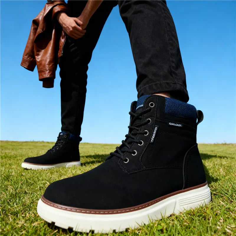 2025 Autumn Casual lace-up outdoor solid-color round-toe thick-soled men's high-top shoes