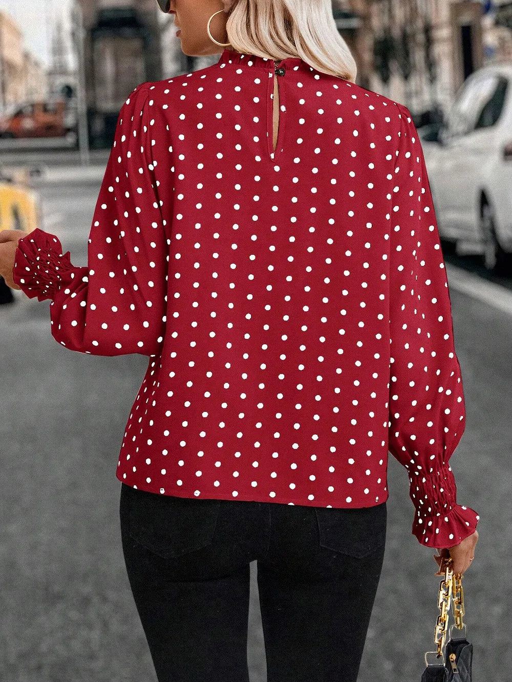 Spot Women's Clothing New Style Ruffled Polka Dot Printed Bubble Sleeves Temperament Women's Shirt