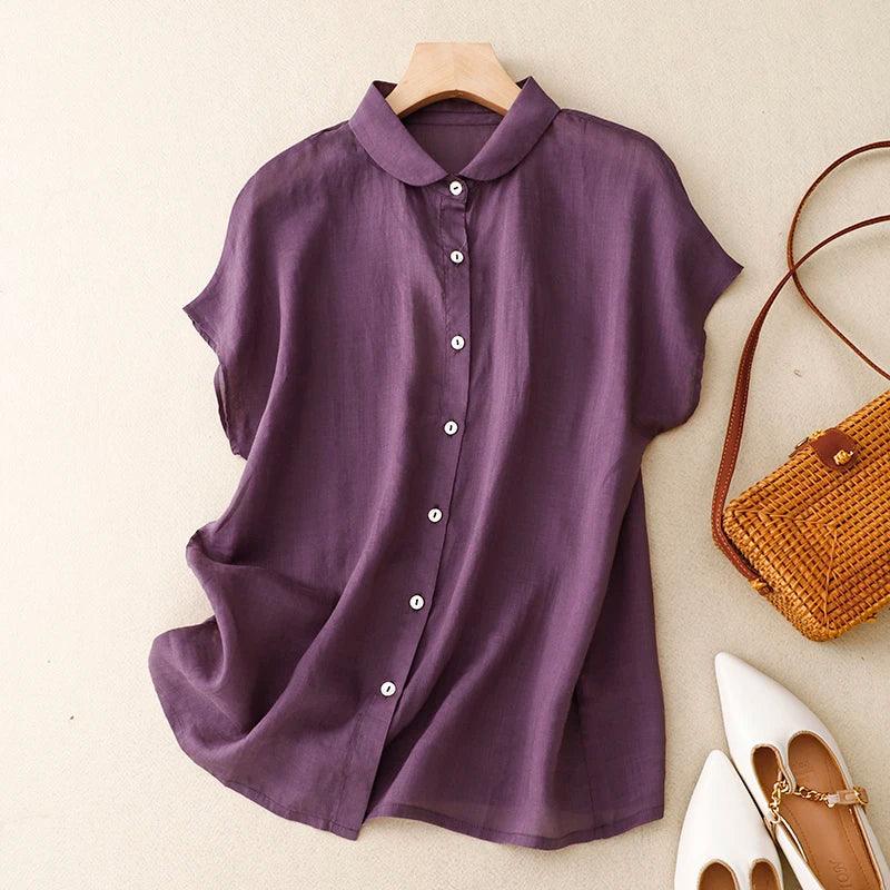 Shoulder Sleeve Cotton Linen Cardigan Top Women's Summer New Korean Fashion Artistic Elegant Sweet Casual Doll Collar Shirt