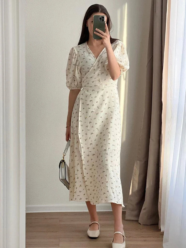Casual Women's Summer Dresses 100% Cotton Floral Print A-line Midi Dress with Side Slits Long Elegant White Dress for Women 2025