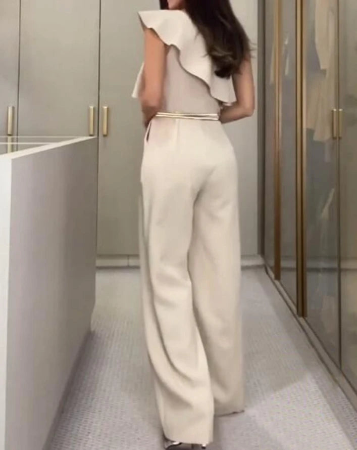Jumpsuit Women 2024 Summer Fashion Ruffle Hem One Shoulder Casual Plain Sleeveless Daily Long Wide-Leg Jumpsuit Without Belt