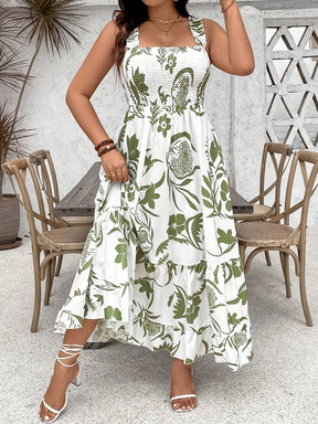 Plus Size 2025 Summer New Holiday Floral Halter Dress with Ruffle Hem and Gathered Bust Plus Size Dress Polyester