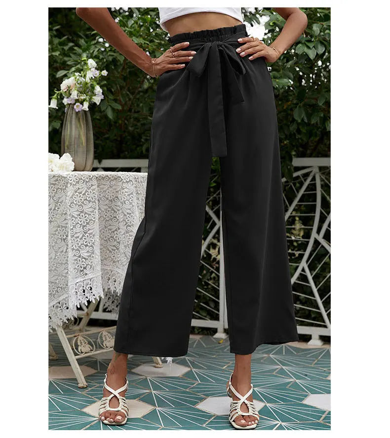 2023 New Arrival Women's Wide Leg High Waisted Cropped Trousers with Belt Female Fashion Elegant Loose Flare Ankle Pants Capris