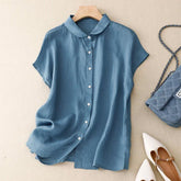 Shoulder Sleeve Cotton Linen Cardigan Top Women's Summer New Korean Fashion Artistic Elegant Sweet Casual Doll Collar Shirt