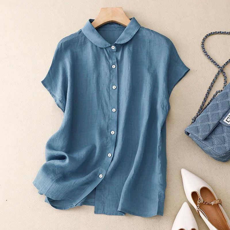 Shoulder Sleeve Cotton Linen Cardigan Top Women's Summer New Korean Fashion Artistic Elegant Sweet Casual Doll Collar Shirt
