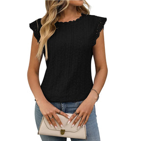 Solid Color Round Neck Short Sleeve Lace Spliced hollow T-shirt for Women