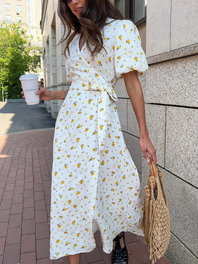 Casual Women's Summer Dresses 100% Cotton Floral Print A-line Midi Dress with Side Slits Long Elegant White Dress for Women 2025