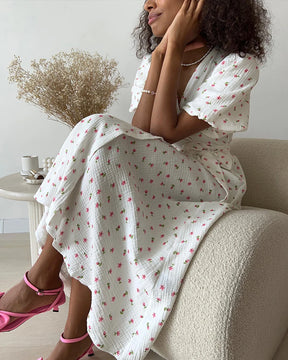 Casual Women's Summer Dresses 100% Cotton Floral Print A-line Midi Dress with Side Slits Long Elegant White Dress for Women 2025