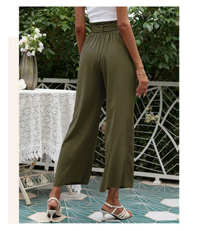 2023 New Arrival Women's Wide Leg High Waisted Cropped Trousers with Belt Female Fashion Elegant Loose Flare Ankle Pants Capris