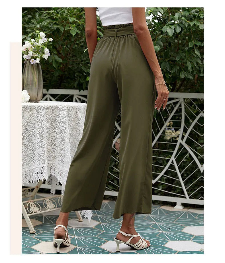 2023 New Arrival Women's Wide Leg High Waisted Cropped Trousers with Belt Female Fashion Elegant Loose Flare Ankle Pants Capris