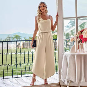 2025 Summer Women's Solid Color Suspender Waist Wide Leg Jumpsuit Elegant High Waist Solid Color Loose Ladies Long Jumpsuit