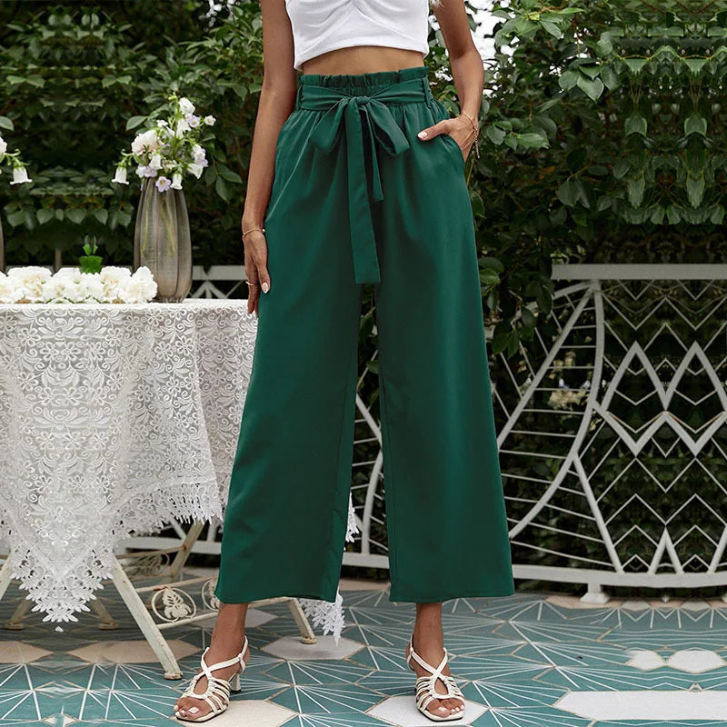 2023 New Arrival Women's Wide Leg High Waisted Cropped Trousers with Belt Female Fashion Elegant Loose Flare Ankle Pants Capris