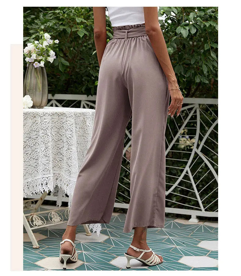 2023 New Arrival Women's Wide Leg High Waisted Cropped Trousers with Belt Female Fashion Elegant Loose Flare Ankle Pants Capris