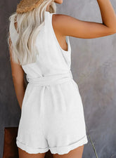 Women's Casual V-neck Monochromatic Jumpsuit, Five-Point Shorts, European and American, Summer, New, 2024
