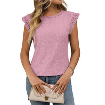 Solid Color Round Neck Short Sleeve Lace Spliced hollow T-shirt for Women