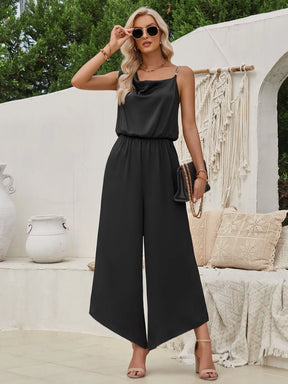 2025 Summer Women's Solid Color Suspender Waist Wide Leg Jumpsuit Elegant High Waist Solid Color Loose Ladies Long Jumpsuit