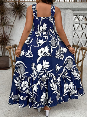 Plus Size 2025 Summer New Holiday Floral Halter Dress with Ruffle Hem and Gathered Bust Plus Size Dress Polyester