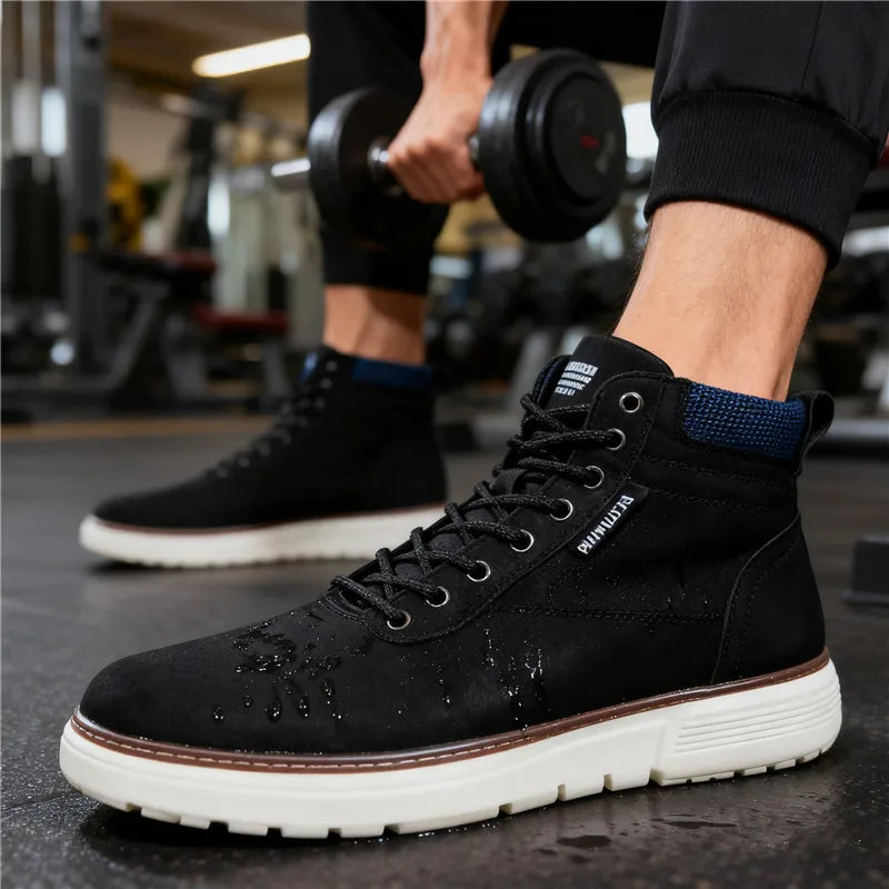 2025 Autumn Casual lace-up outdoor solid-color round-toe thick-soled men's high-top shoes