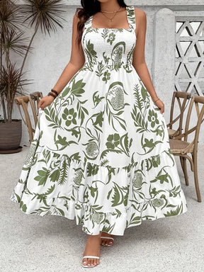Plus Size 2025 Summer New Holiday Floral Halter Dress with Ruffle Hem and Gathered Bust Plus Size Dress Polyester
