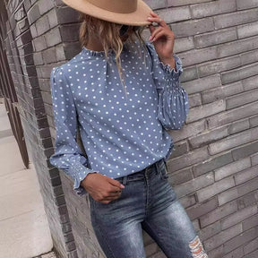 Spot Women's Clothing New Style Ruffled Polka Dot Printed Bubble Sleeves Temperament Women's Shirt