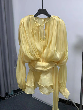 TWOTWINSTYLE Solid Blouse Mini Dresses For Women V Neck Long Sleeve Spliced Lace Up Sweet Style Dress Female Clothing Fashion