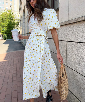 Casual Women's Summer Dresses 100% Cotton Floral Print A-line Midi Dress with Side Slits Long Elegant White Dress for Women 2025