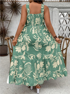 Plus Size 2025 Summer New Holiday Floral Halter Dress with Ruffle Hem and Gathered Bust Plus Size Dress Polyester