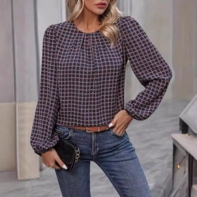 Simple and Fashionable Polka Dot Printed Shirt New Design Round Neck Puff Sleeves Chic Top