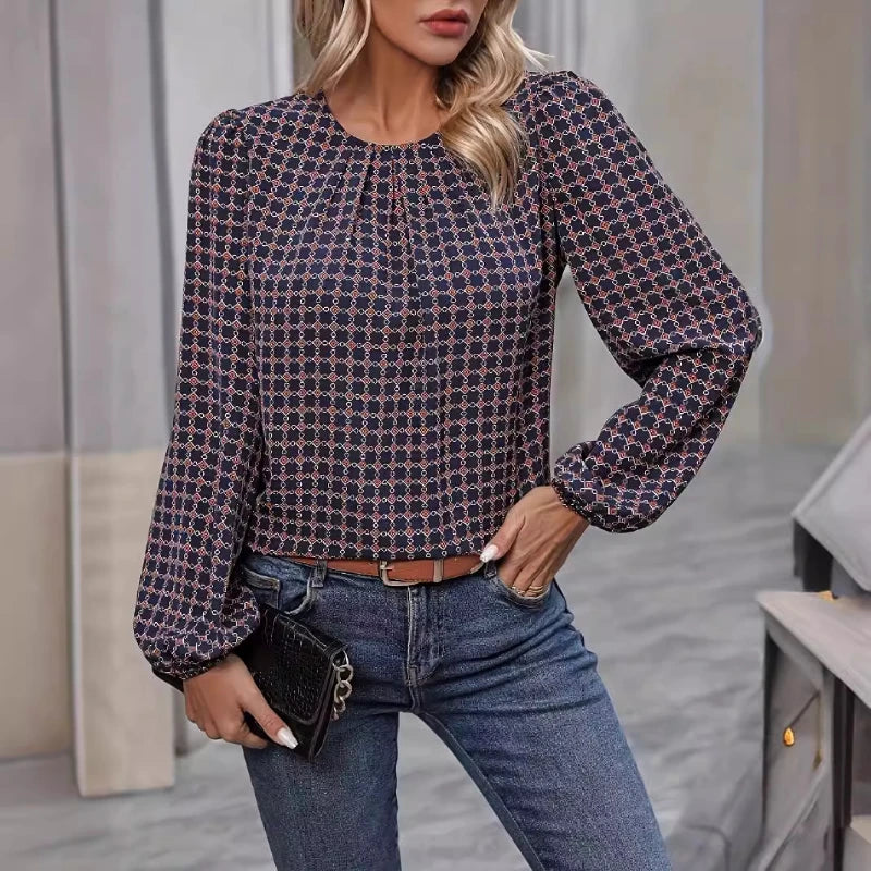 Simple and Fashionable Polka Dot Printed Shirt New Design Round Neck Puff Sleeves Chic Top