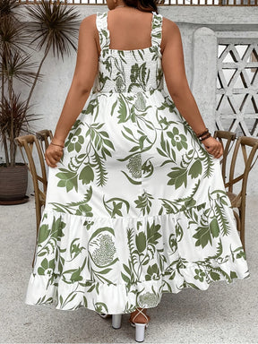 Plus Size 2025 Summer New Holiday Floral Halter Dress with Ruffle Hem and Gathered Bust Plus Size Dress Polyester