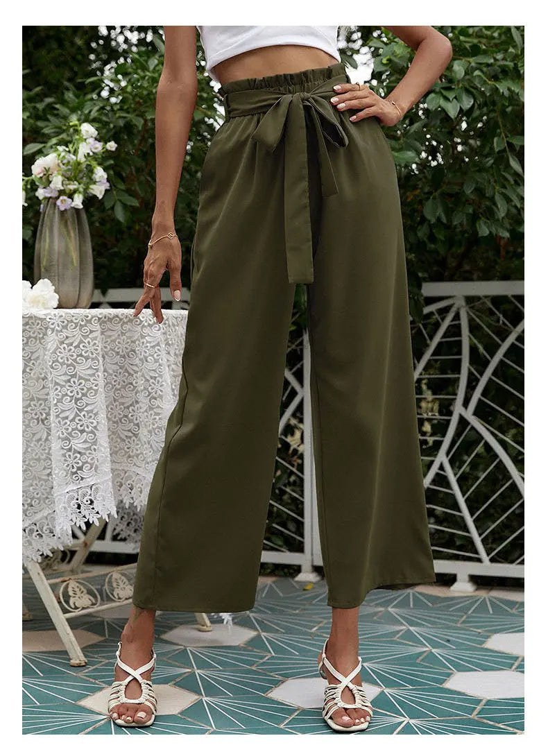 2023 New Arrival Women's Wide Leg High Waisted Cropped Trousers with Belt Female Fashion Elegant Loose Flare Ankle Pants Capris