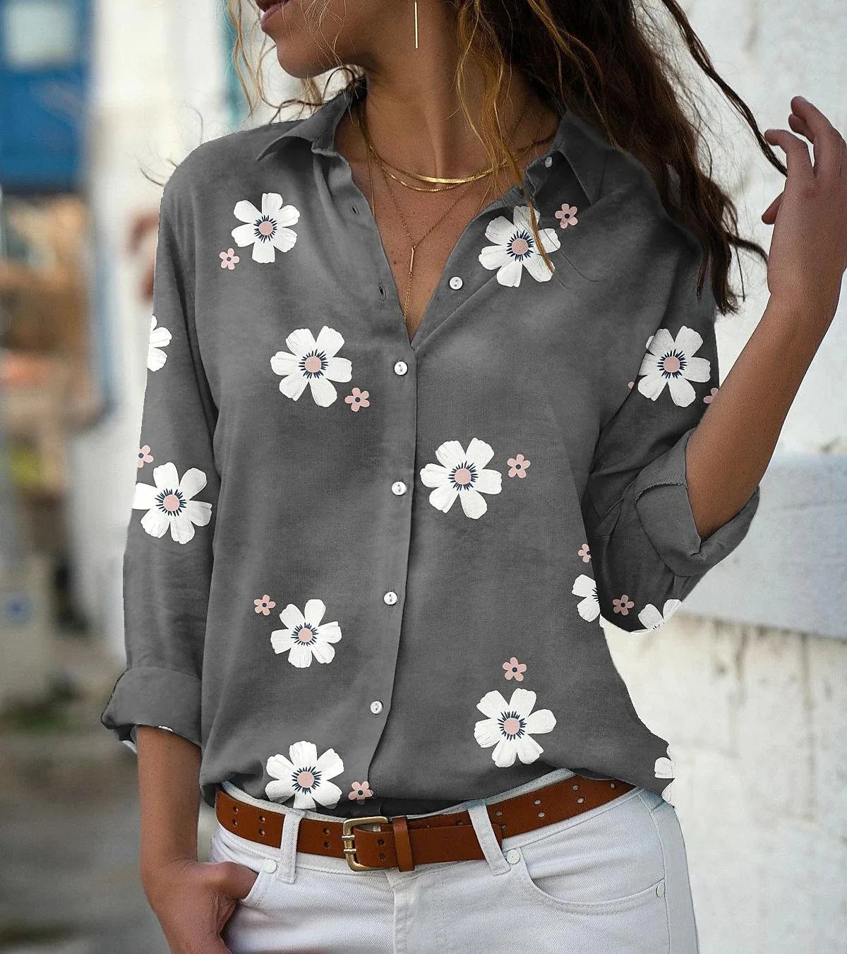 New in Stock Collar Long Sleeved Floral Printed Shirt with Stylish and Slim Fit
