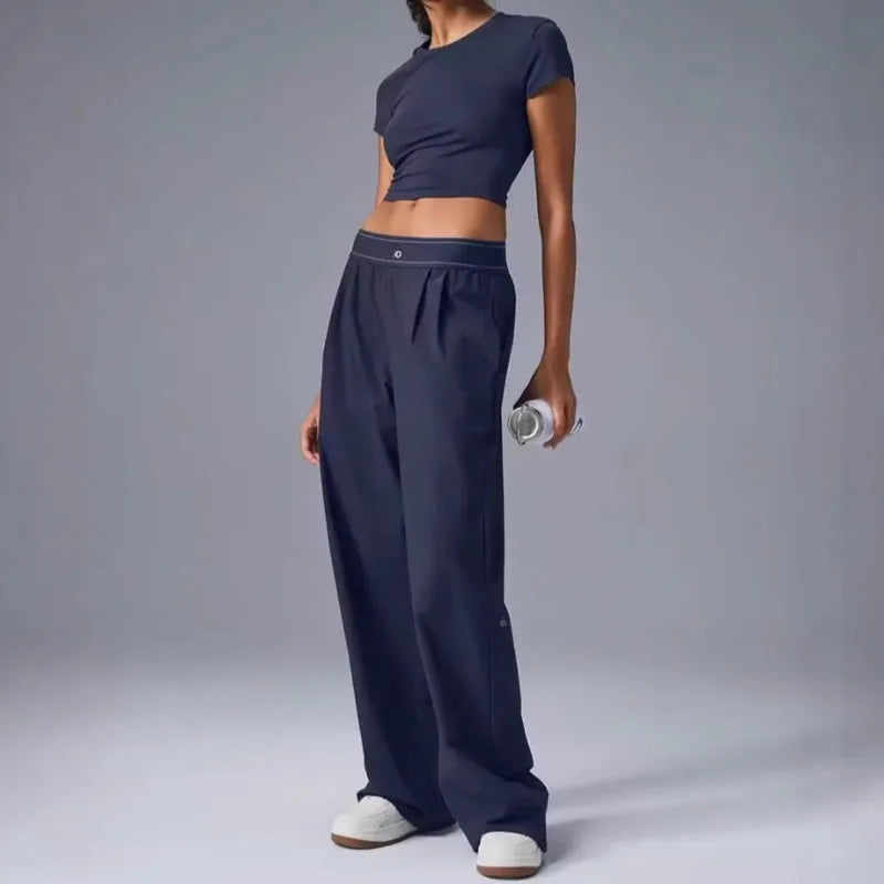 Reflective Printed Letter Casual Pants Elegant Slimming Wide Leg Straight Leg Pants Simple Fashion Solid High Waist Trousers