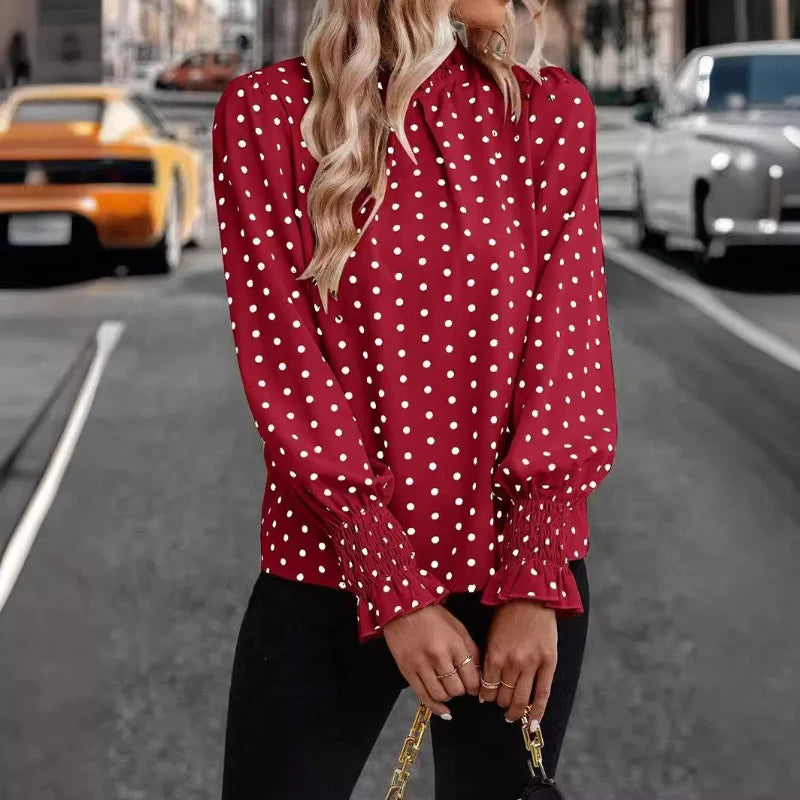 Spot Women's Clothing New Style Ruffled Polka Dot Printed Bubble Sleeves Temperament Women's Shirt